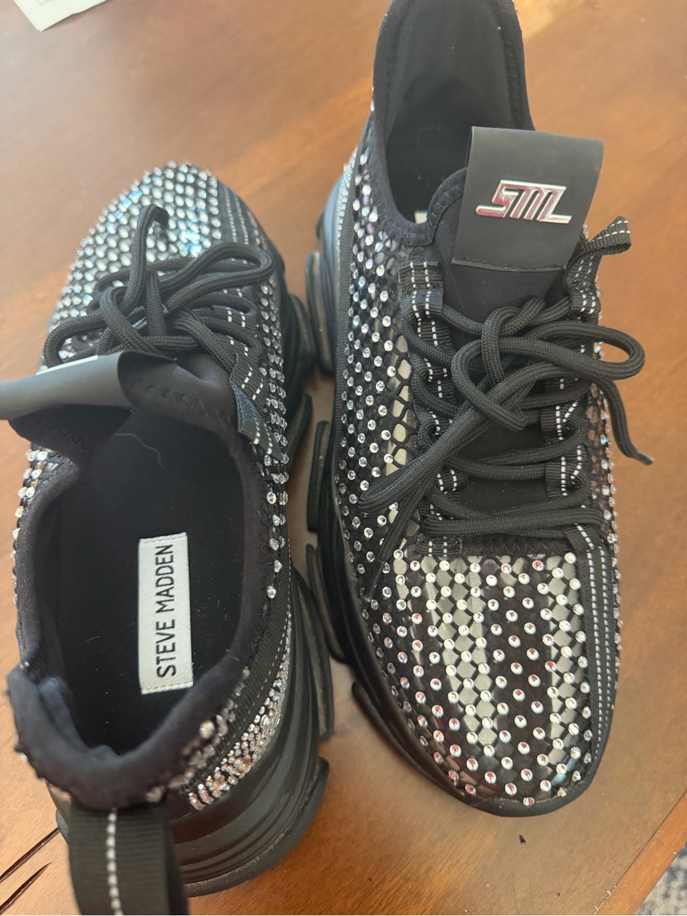Steve Madden Black Rhinestone Embellished Lace-Up Sneakers